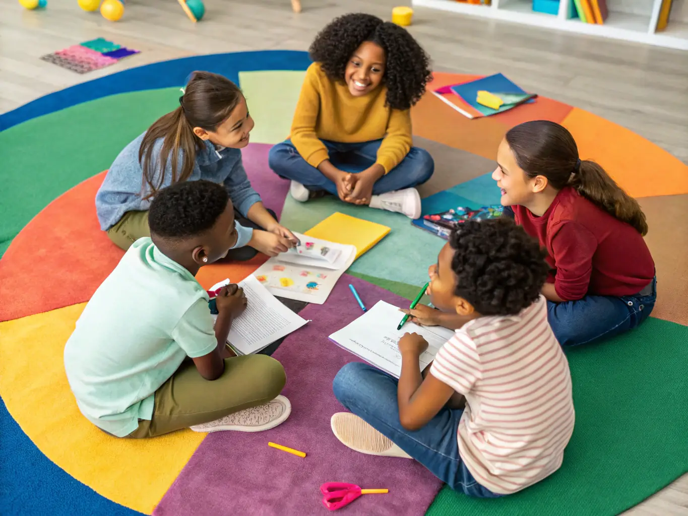 Students participating in a cooperative game during a workshop, demonstrating the principles of cooperation and solidarity, highlighting the promotion of cooperation among students.