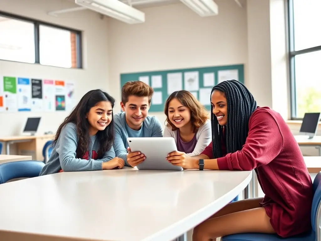 A group of students collaboratively working on a project in a classroom setting, showcasing teamwork and problem-solving skills, symbolizing the creation of cooperative schools.