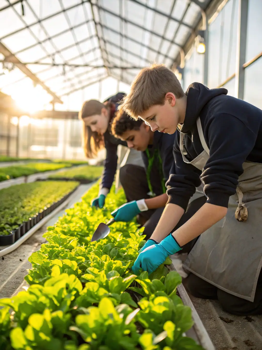 A photo of a school garden managed by students as part of their cooperative, showcasing sustainable practices and environmental awareness. The image should convey a sense of connection to nature and community involvement.
