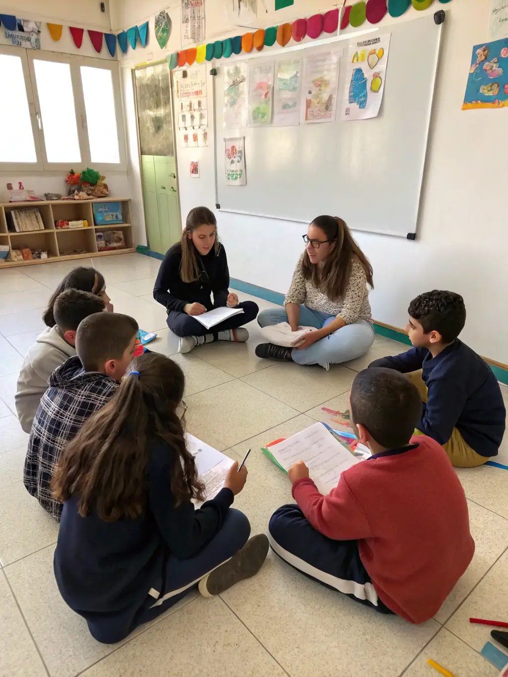 A group of students gathered in a circle, engaged in a discussion about their school cooperative, with a teacher facilitating the conversation. The image should highlight the democratic process and student voice.