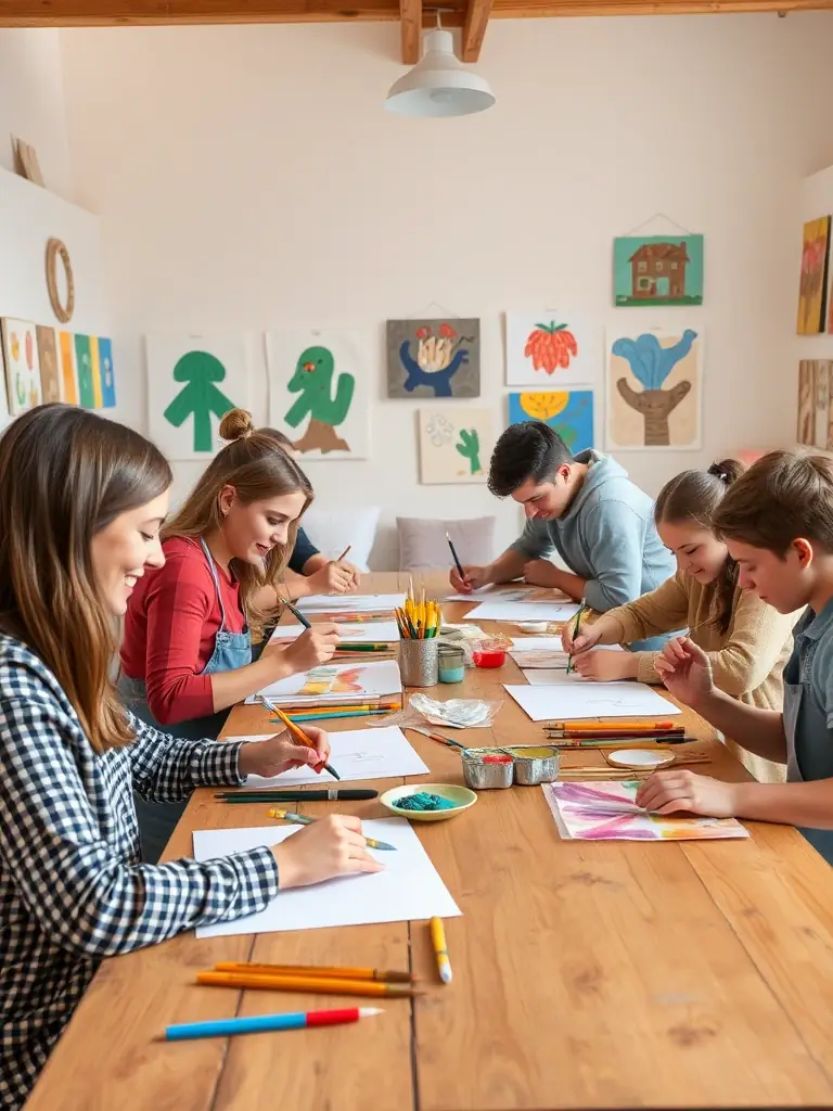 A lively scene of people with diverse abilities working together on a creative art project, painting and crafting at a large table, with colorful artwork displayed in the background.