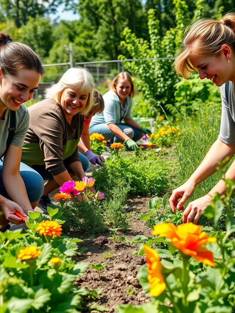 An outdoor image of a group enjoying a community gardening activity, planting flowers and vegetables together, with smiles and teamwork evident among participants.