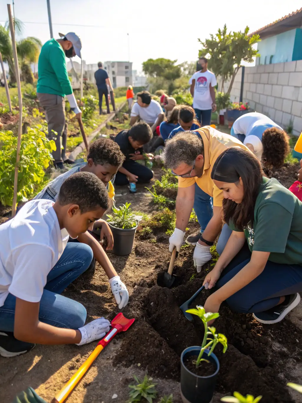 A small group of people with diverse abilities working together in a community garden, planting flowers and vegetables, with a facilitator offering gentle guidance.