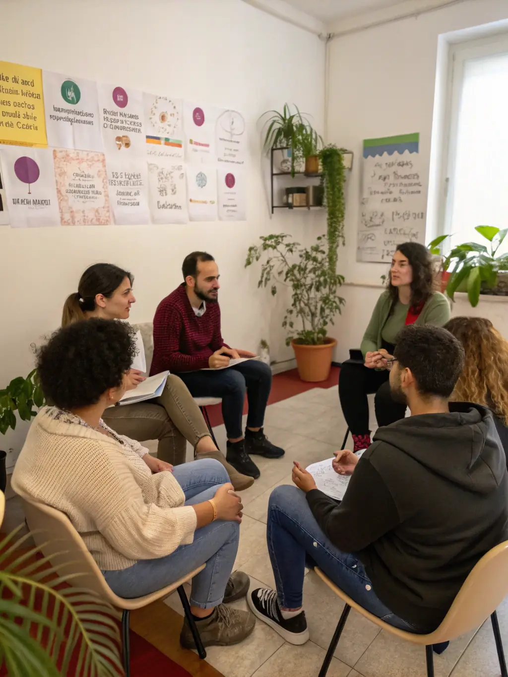 A bright, welcoming photo of a small group of adolescents and adults sitting in a circle during a group therapy session, with a facilitator gently guiding the discussion in a comfortable, inclusive setting.