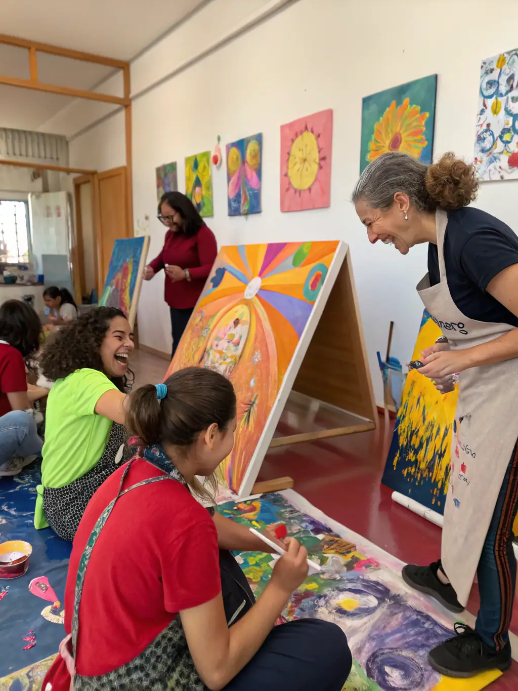 A group of adults and adolescents with visible and invisible disabilities participating in a creative art therapy workshop, painting and drawing together in a bright, welcoming community center.