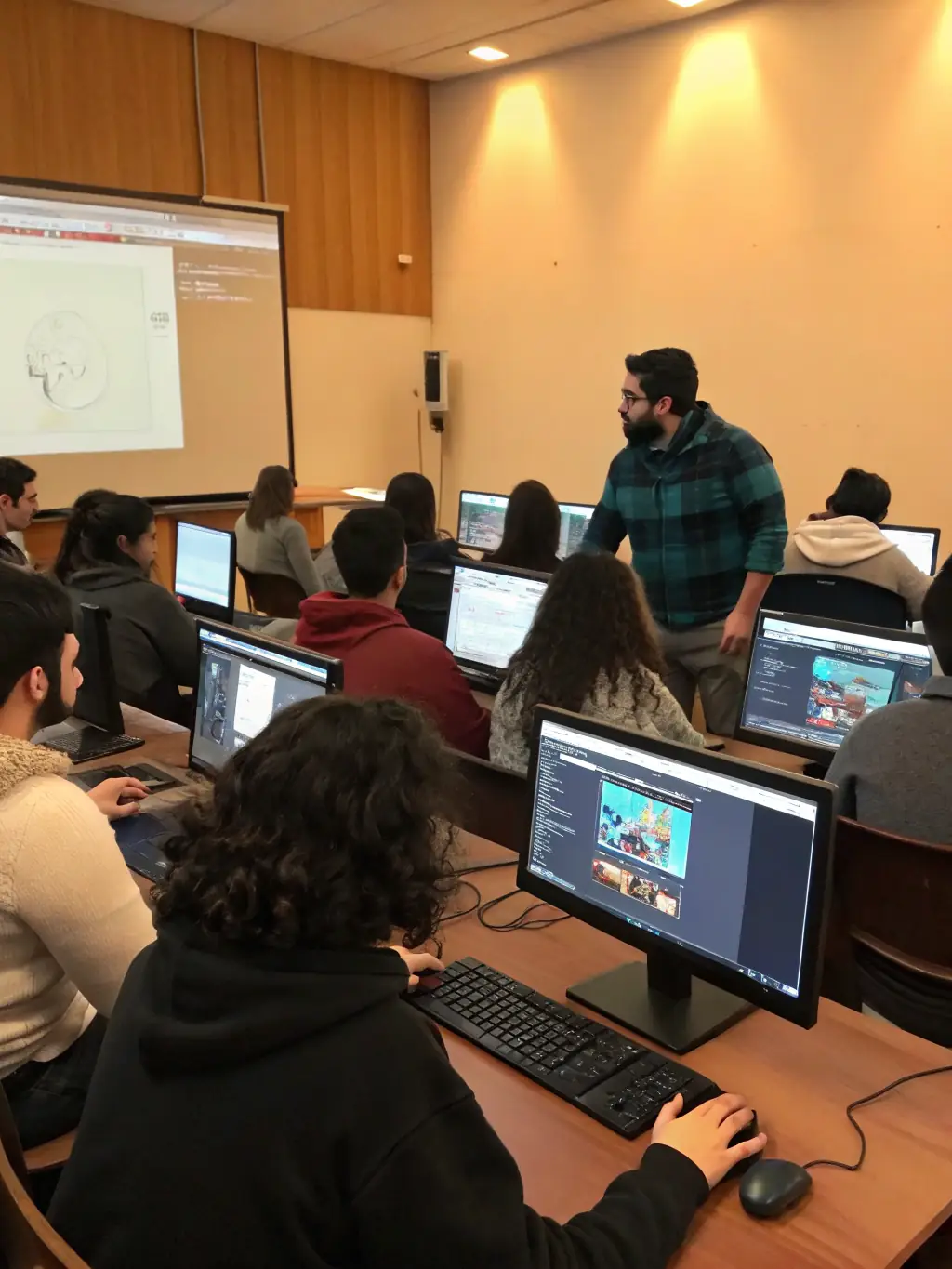 A photo of adults and adolescents learning computer skills in a modern classroom, with an instructor assisting a participant at a computer, everyone focused and engaged.