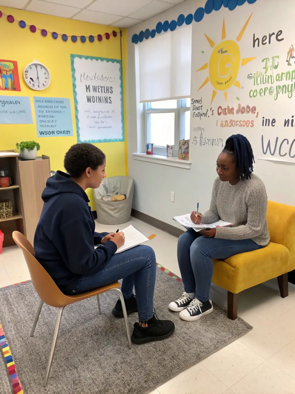 A classroom scene with a vocational coach assisting young adults with disabilities as they practice job interview skills and computer tasks, everyone engaged and attentive.
